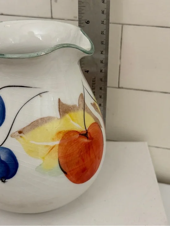 Hand-Painted Ceramic Fruit Pitcher in White with Blue and Orange Accents - Picture 7 of 7